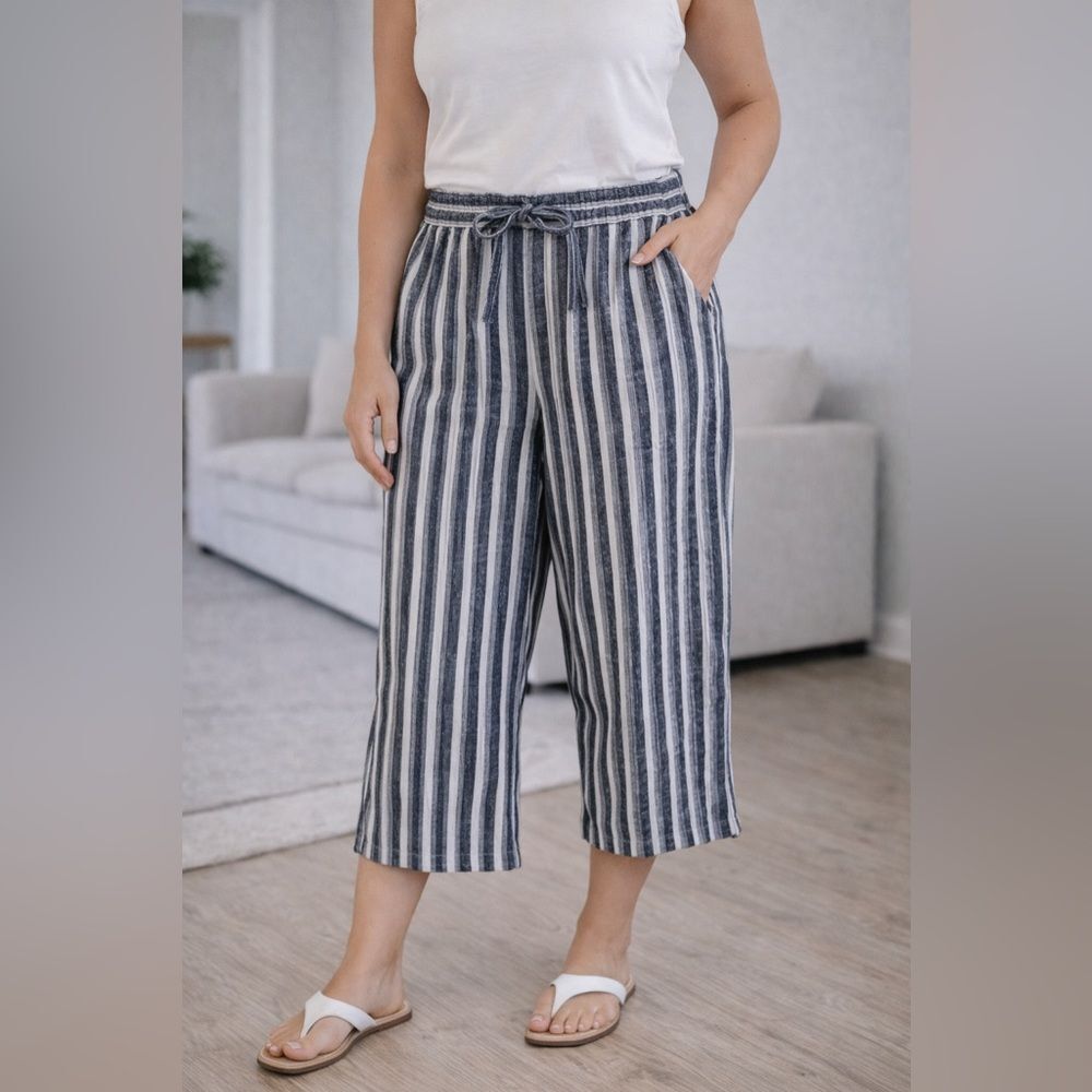Per Se Linen Blend Cropped Pants Women PL Blue White Stripe Coastal Relaxed